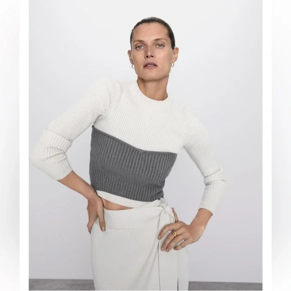 Zara Stone Grey Knit Tube Corset Bustier Crop Sweetheart Top Minimal Size S NWT - Picture 6 of 16